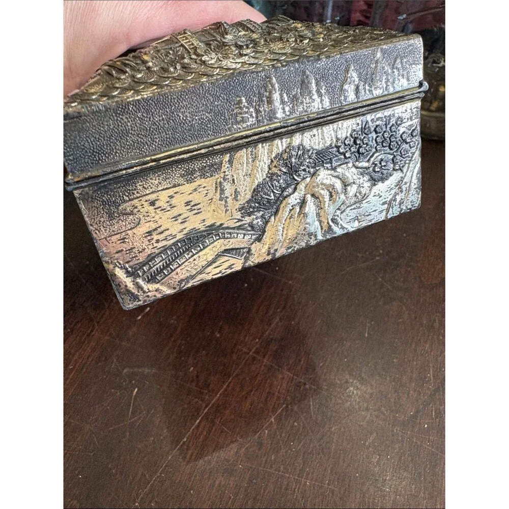 Ornate Embossed Metal Trinket Box in Aged Silver Tone